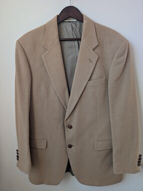Vintage Evan-Picone Camel Wool Blazer 42 Long Mens 2-Button Leather Knot Buttons
